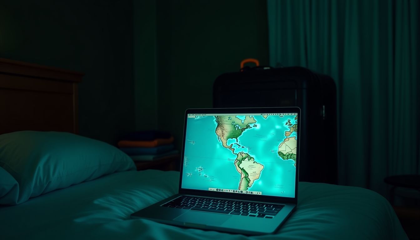 Cyan overhead map with a route line and booking screens — trip planning guide