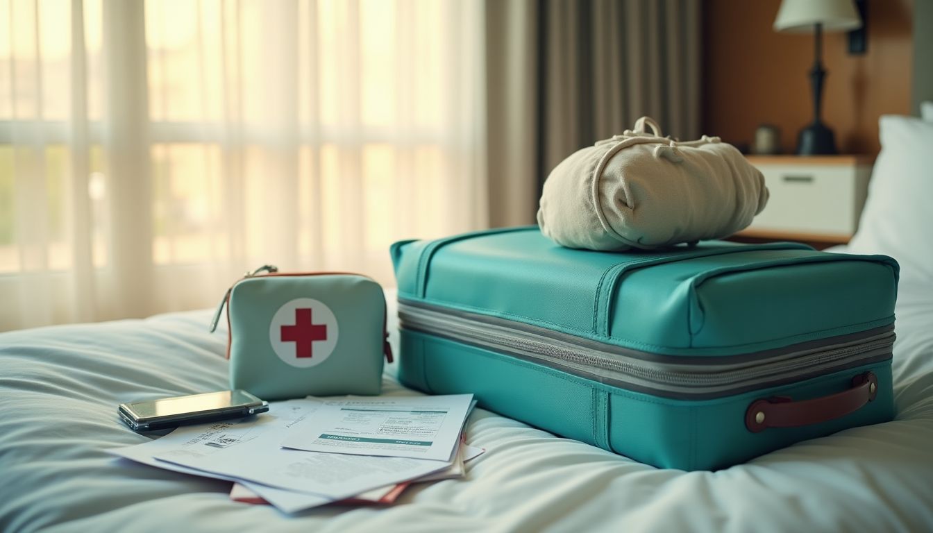Passport, vaccine card and a compass on dark teak with aqua light — travel prep guide